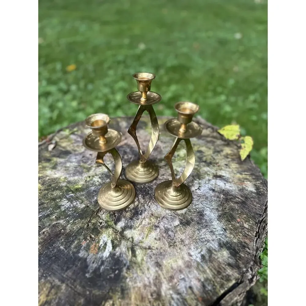 Vintage‎ MCM Set Of 3 Brass Twisted Candlestick Holders - Made in India